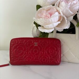 CHANEL Red Camellia Quilted Zip-Around Wallet